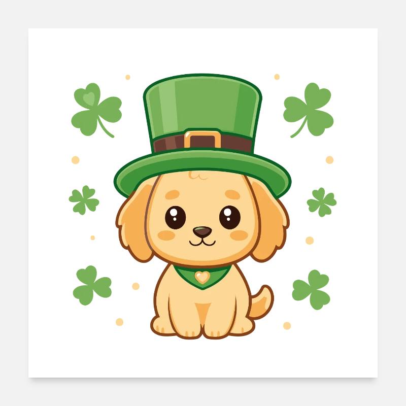 Chiot Labrador kawaii trèfle et chapeau vert Poster 60 x 60 cm