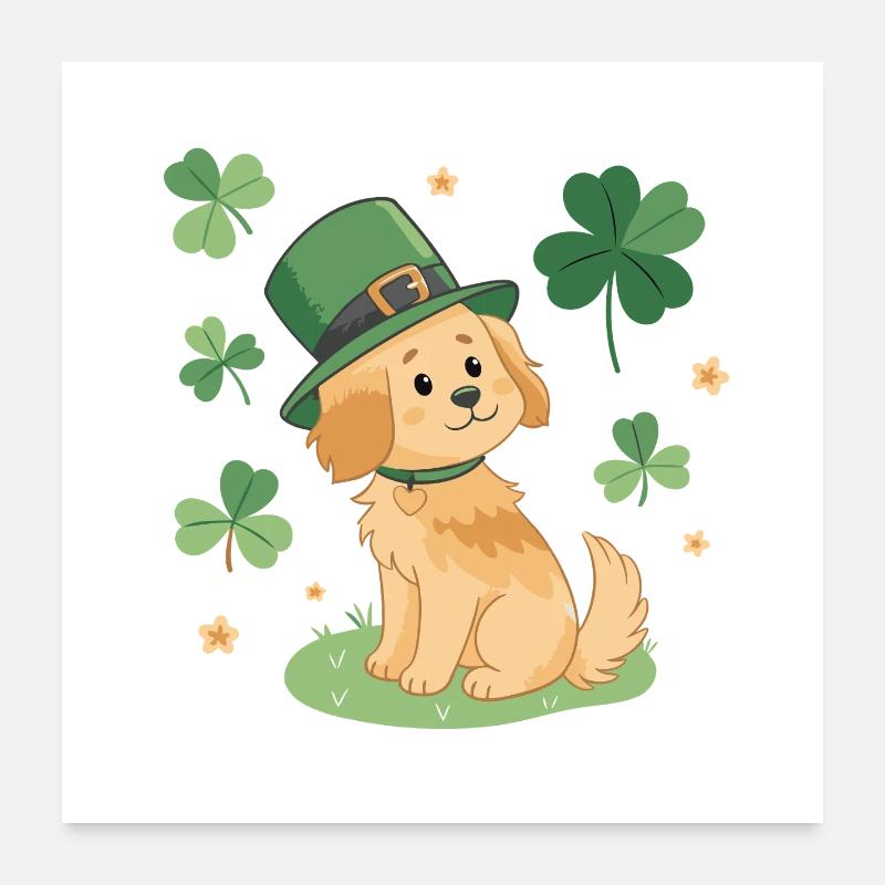 Chien adorable Leprechaun Vert et Trèfles Poster 60 x 60 cm