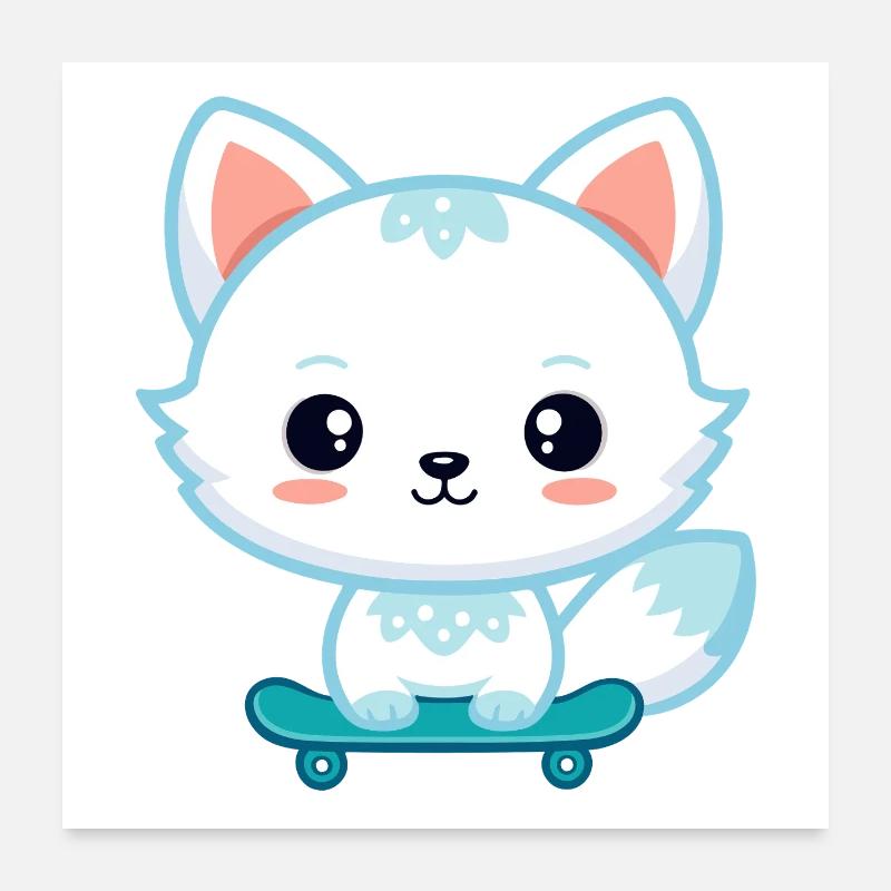 Renard kawaii sur skateboard Poster 60 x 60 cm