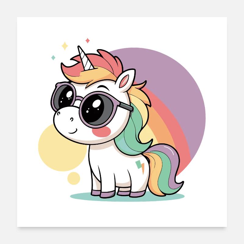 Pastell-Einhorn in Brille und Regenbogen Poster 60x60 cm