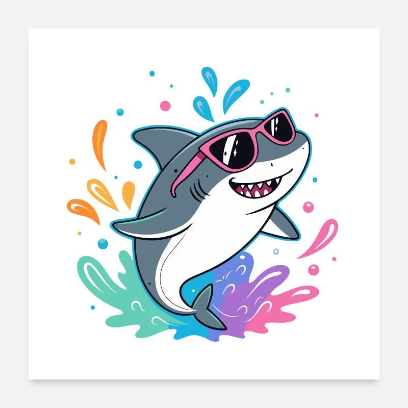 Requin Amusant surfeur coloré Poster 60 x 60 cm
