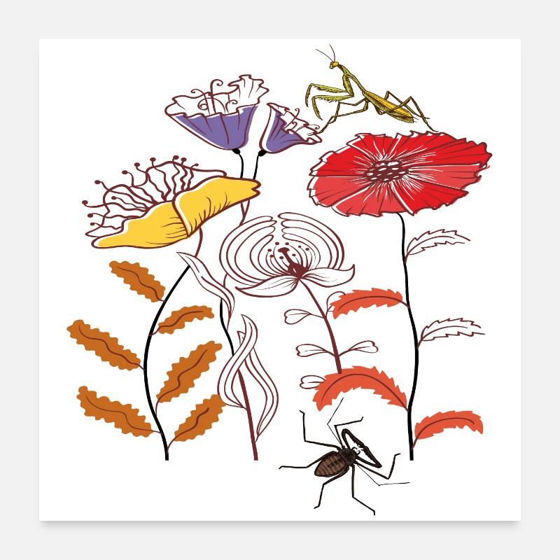 Gartenblumen mit Insekten Poster 60x60 cm