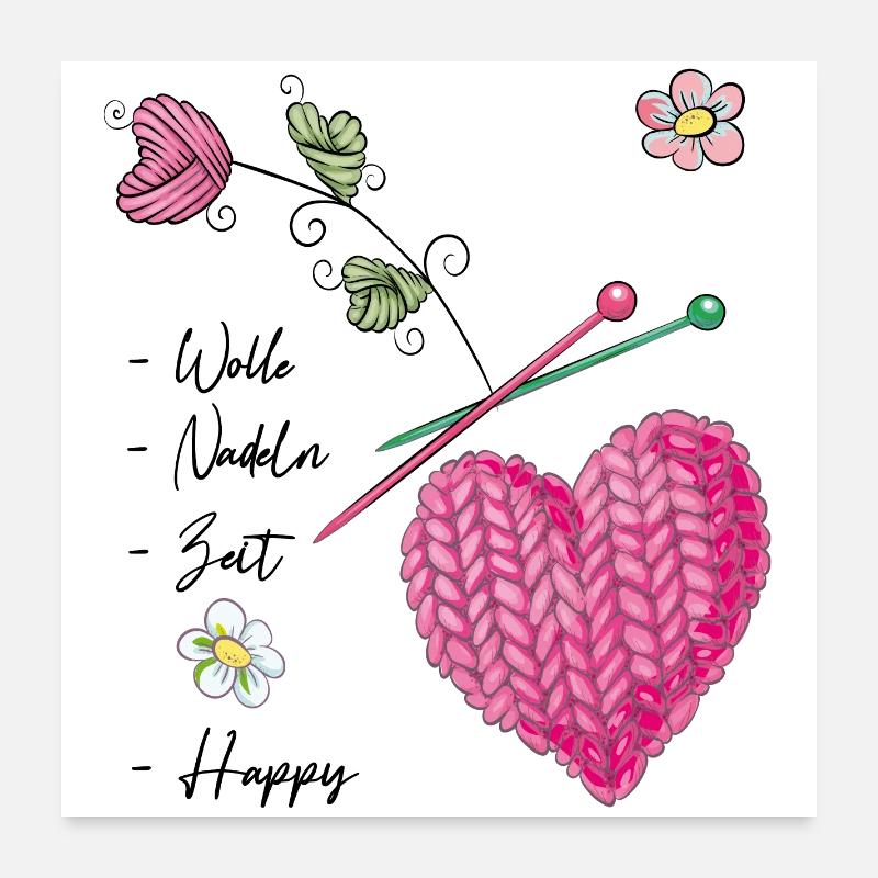Knitted heart with flowers and knitting needles Poster 24" x 24" (60x60 cm)