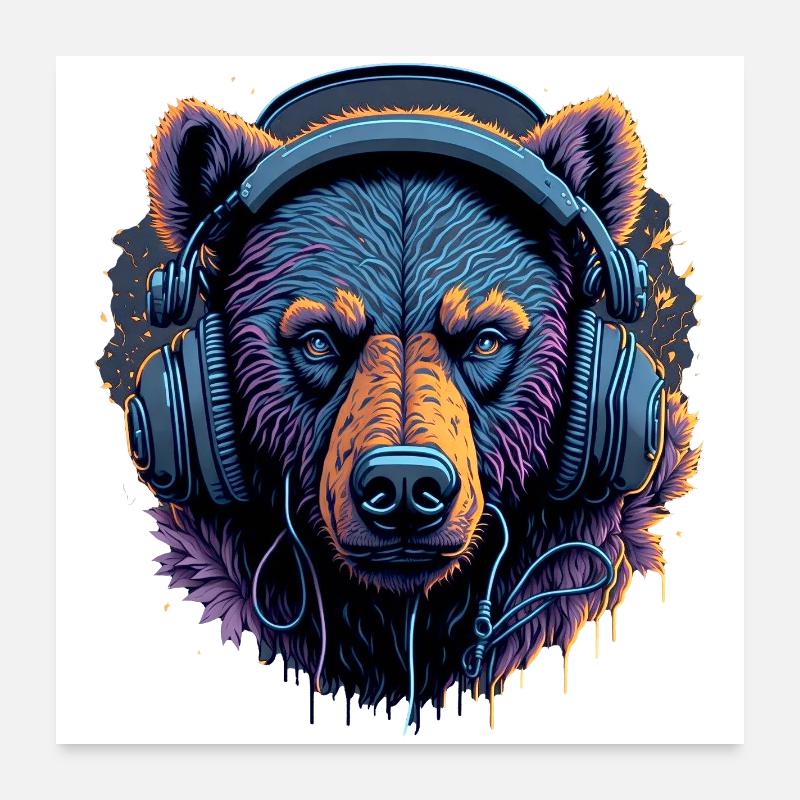 Neonbär mit Kopfhörern DJ Poster 60x60 cm