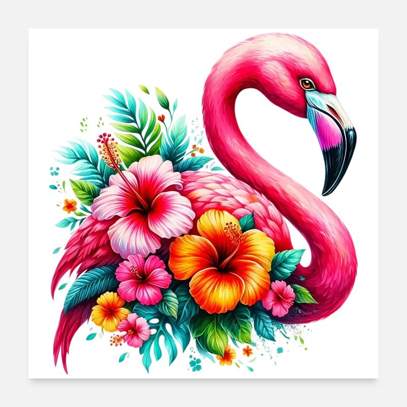 Flamant rose décoré de fleurs d’hibiscus Poster 60 x 60 cm