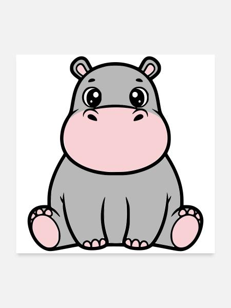 Süßes Baby Nilpferd Sitzend Kawaii - Poster 60x60 cm - Weiß - Vorne