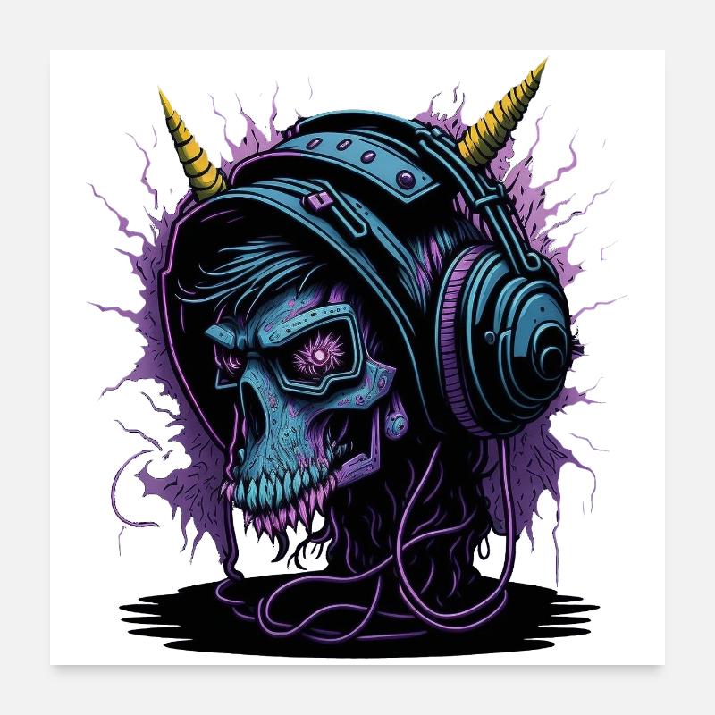 Neon Skull mit Kopfhörern DJ Poster 60x60 cm