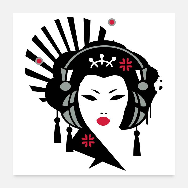 Geisha avec un casque - Poster 60 x 60 cm - blanc