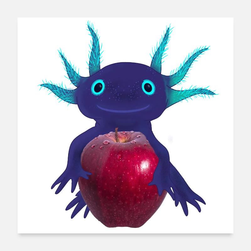 Blue Axolotl with Red Apple, Hand Drawing Poster 24" x 24" (60x60 cm)