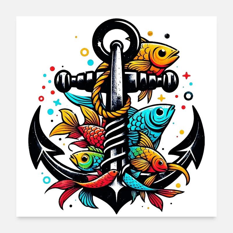 Une ancre avec des poissons Poster 60 x 60 cm