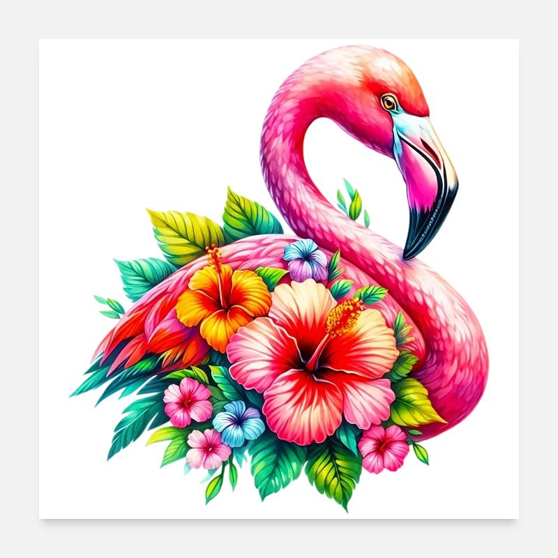 Flamant rose décoré de fleurs d’hibiscus Poster 60 x 60 cm