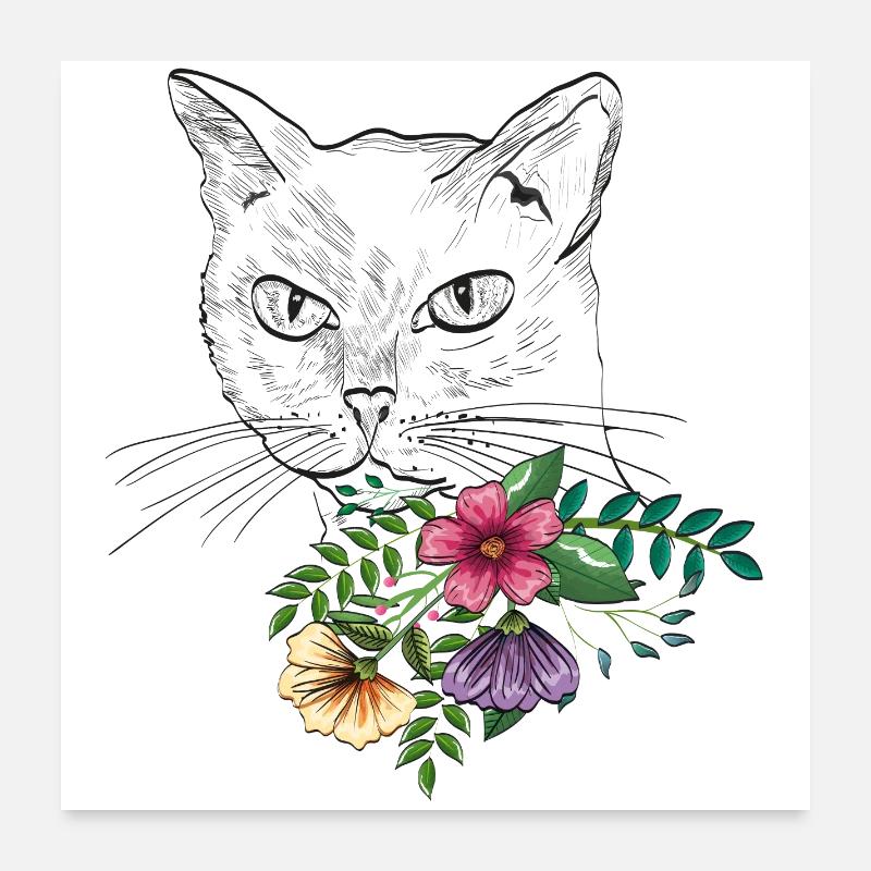 Katze mit Blumenstrauß - Poster 60x60 cm - Weiß