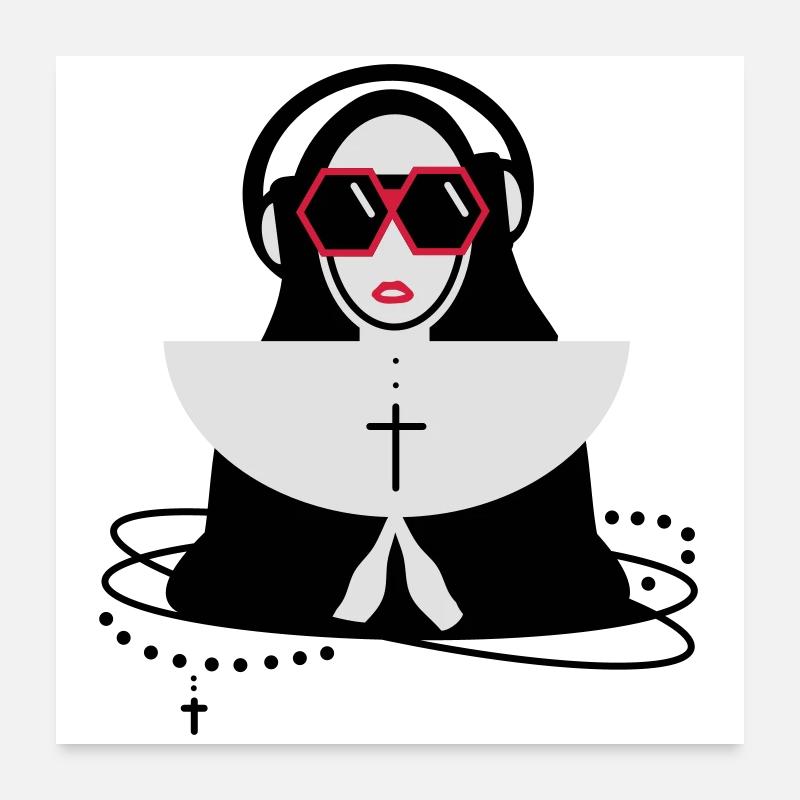 Nonne mit Sonnenbrille und Kopfhörer Poster 60x60 cm