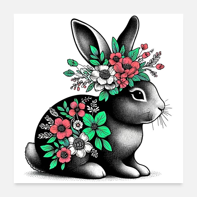 Hase mit Blumen Poster 60x60 cm