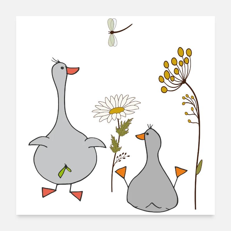 Oies dans le pré - Poster 60 x 60 cm - blanc