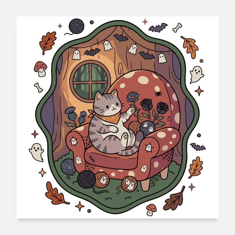 Salon Halloween Chat Automne Poster 60 x 60 cm