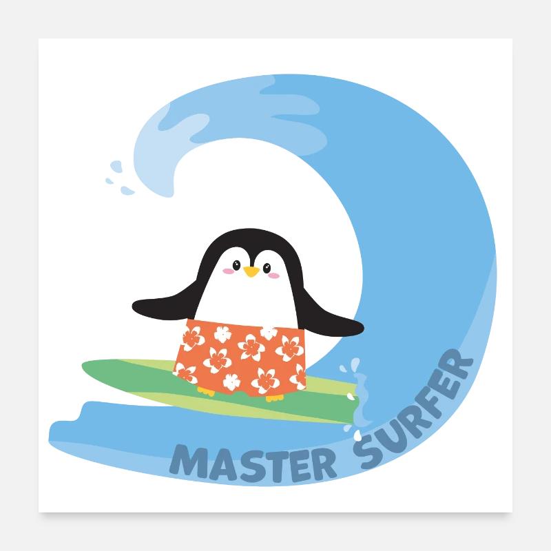 Pingouin surfeur mignon Poster 60 x 60 cm