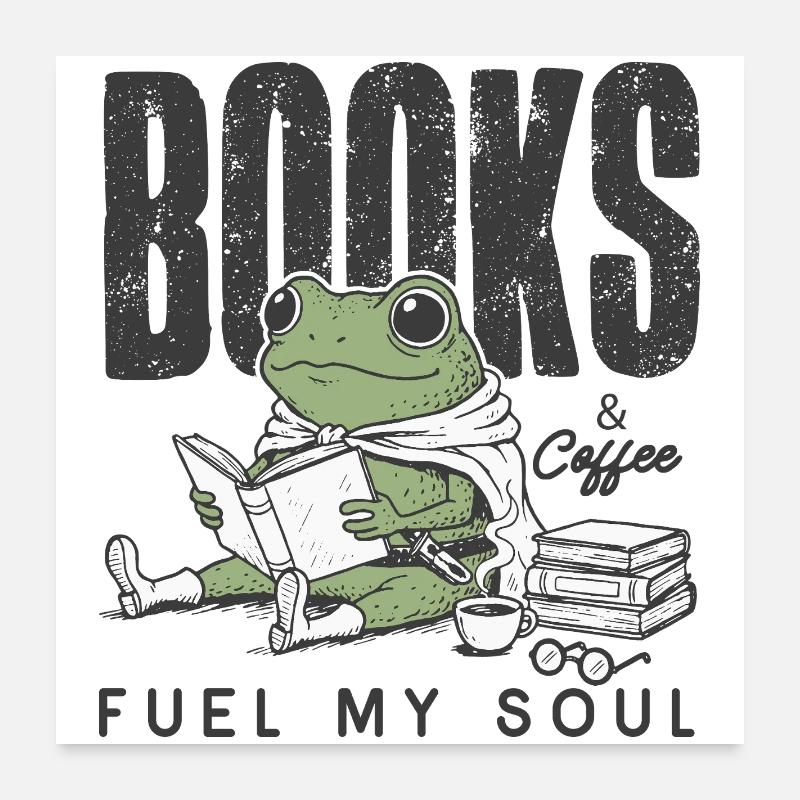 Frosch liest Buch mit Kaffee Bücherwurm Lesen Poster 60x60 cm