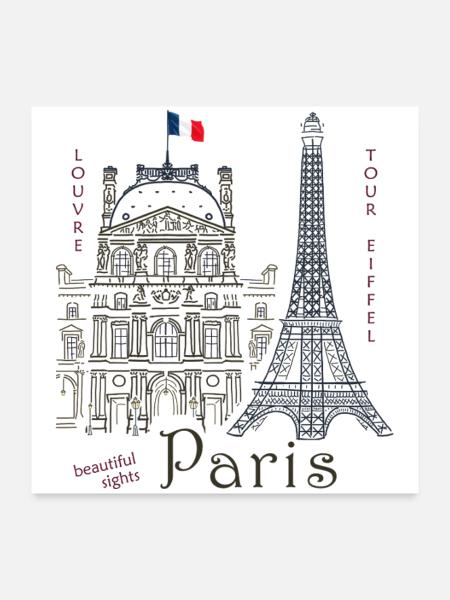 Paris, Zeichnung Louvre & Eiffelturm - Poster 60x60 cm - Weiß