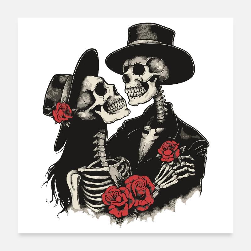 Gothic Skeleton Couple mit Rosen Poster 60x60 cm