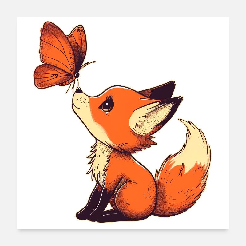 Renard avec papillon - Poster 60 x 60 cm - blanc