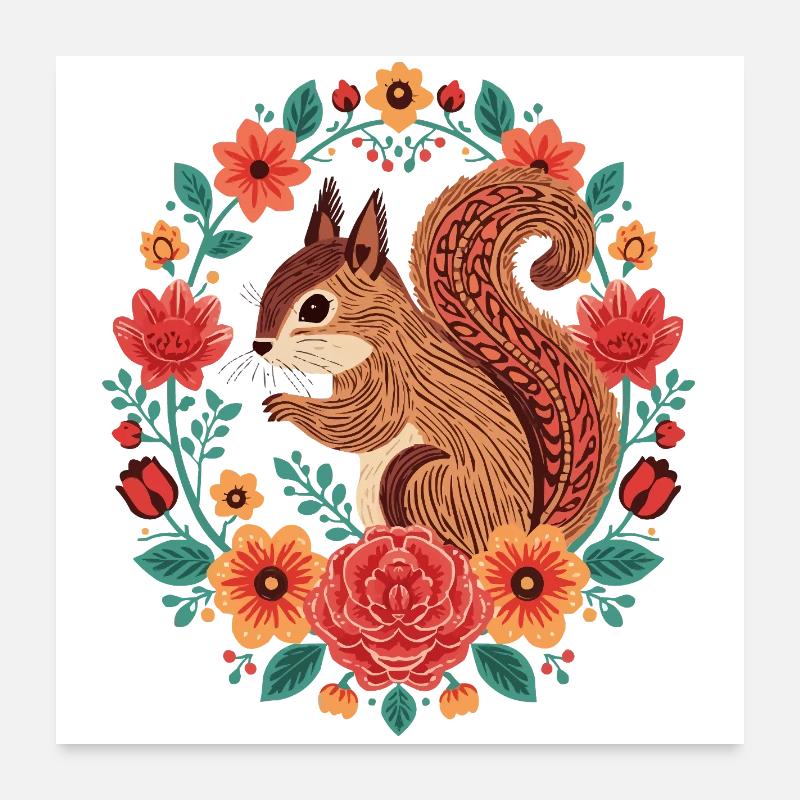 Eichhörnchen im Blumenkreis Poster 60x60 cm
