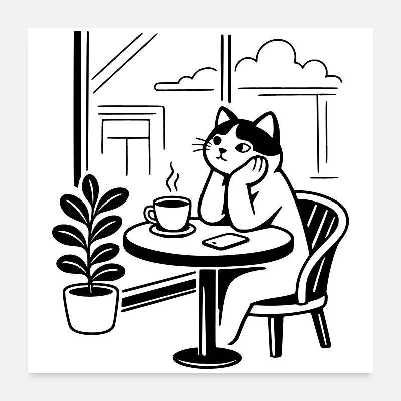 Nachdenkliche Katze Café Poster 60x60 cm