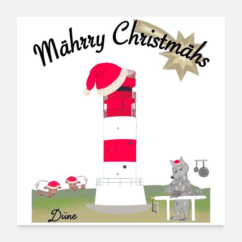 Weihnachten Leuchtturm Düne, Helgoland,Wolf - Poster 60x60 cm - Weiß