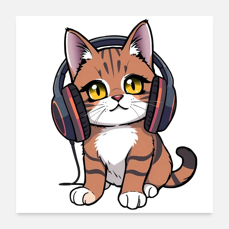 Chat avec des écouteurs Poster 60 x 60 cm