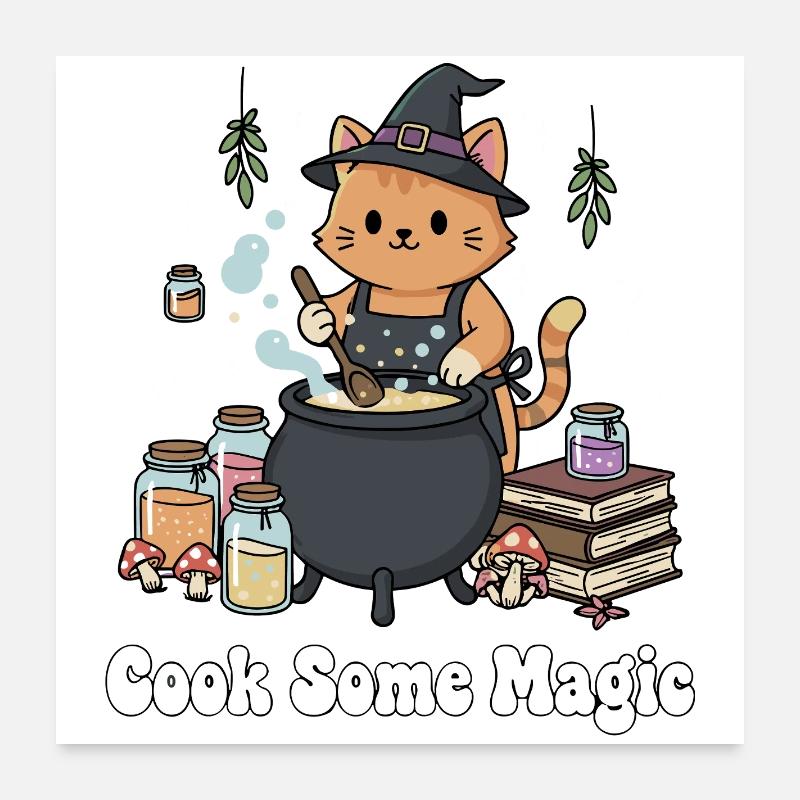 Le sorcier chat au chaudron Poster 60 x 60 cm