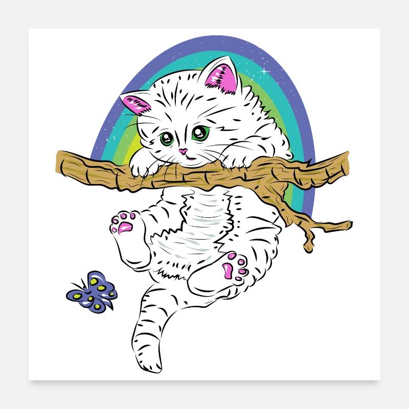 Chat sur branche joue avec un papillon Poster 60 x 60 cm