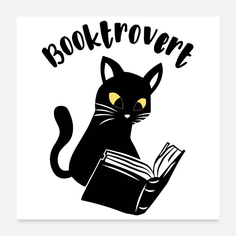 Booktrovert Katze mit Buch - Poster 60x60 cm - Weiß