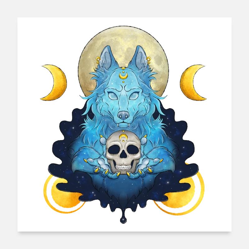Blue Ink Spirits - Louve Sorcière Lunaire et crâne Poster 60 x 60 cm