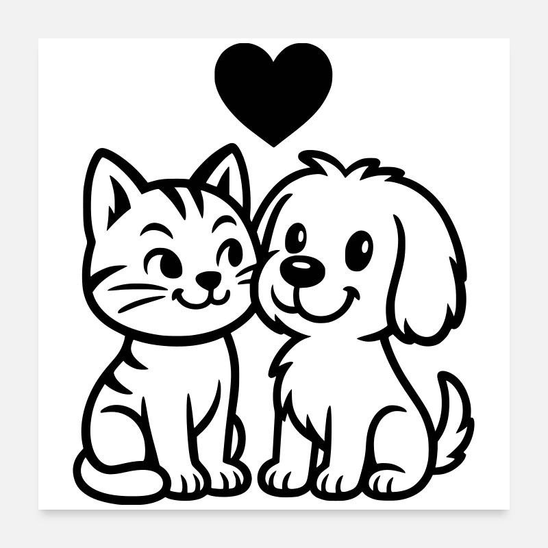 Chien mignon et chat mignon avec coeur Poster 60 x 60 cm