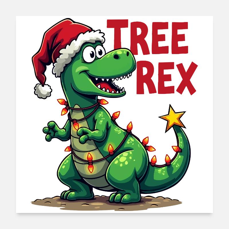 Christmas Dino – Lustiger T-Rex mit Weihnachtsbaum Poster 60x60 cm