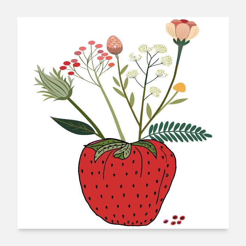 Fraise avec bouquet de fleurs Poster 60 x 60 cm