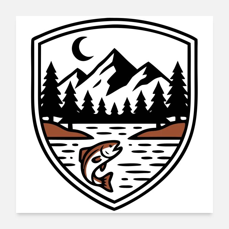 Mountains Forest Fish Shield Logo Poster 24" x 24" (60x60 cm)