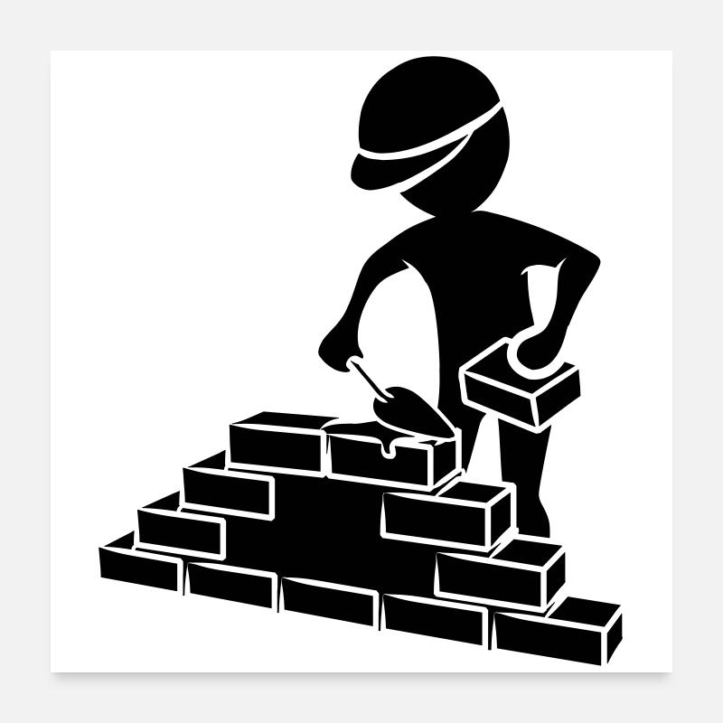 Construction workers with mason trowel, mortar and wall Poster 24" x 24" (60x60 cm)
