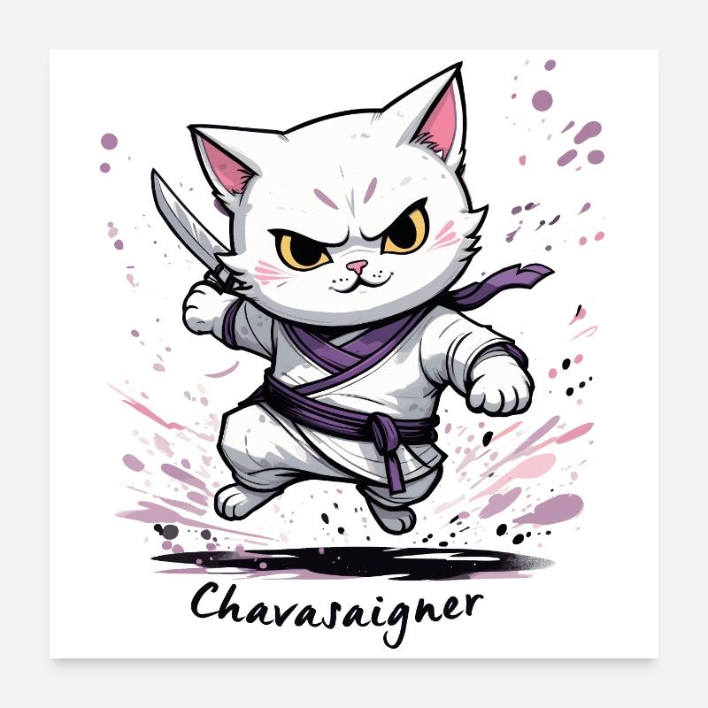 Chat maître de combat, ça va saigner ! humour - Poster 60 x 60 cm - blanc