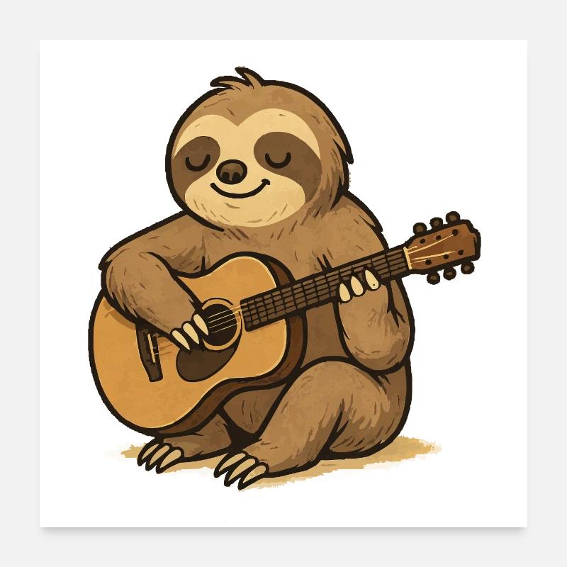 Das entspannte Faultier mit Gitarre - Poster 60x60 cm - Weiß