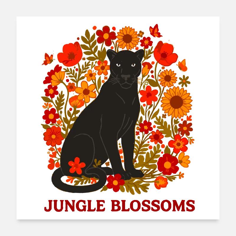 Panthère Noire et Jungle Fleurs botanique Poster 60 x 60 cm