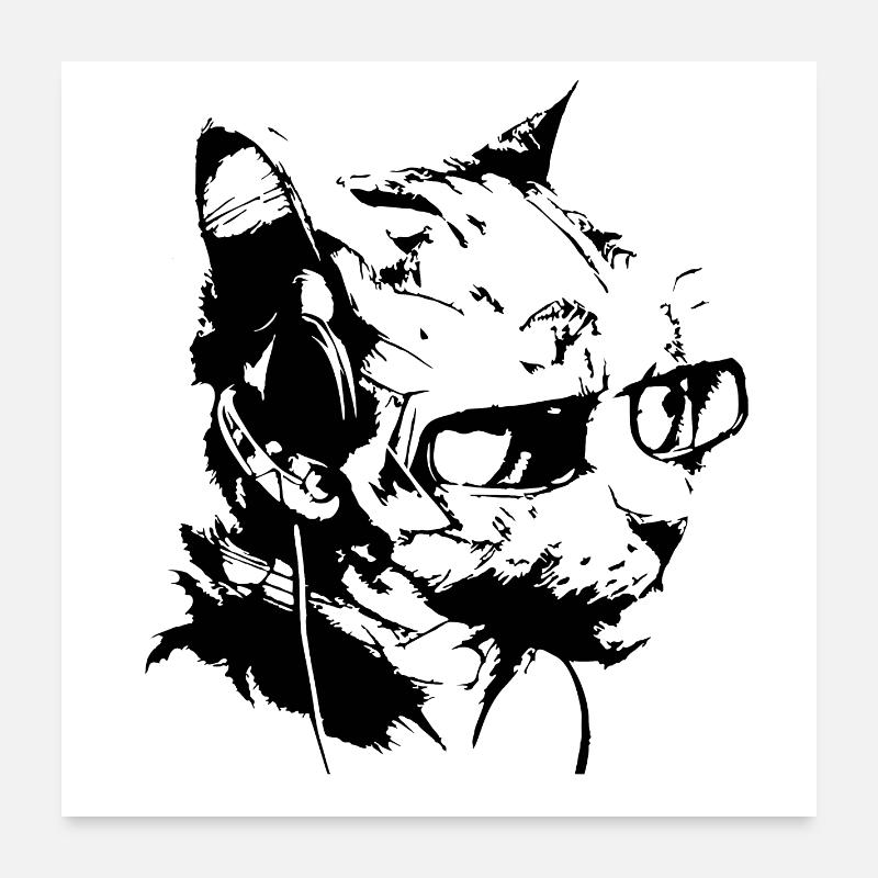coole DJ Katze mit Sonnenbrille - Poster 60x60 cm - Weiß