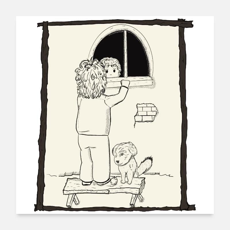 Hunde & Kinder & Bälle Tintenversion - Poster 60x60 cm - Weiß