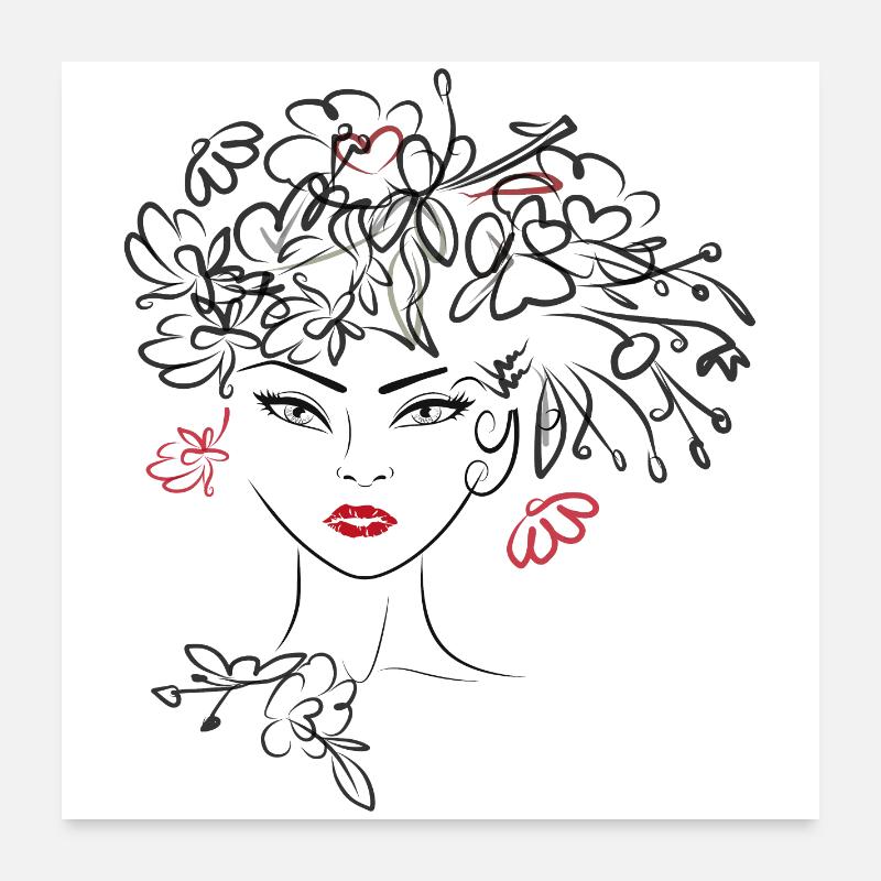 Frauenkopf mit Blüten Poster 60x60 cm