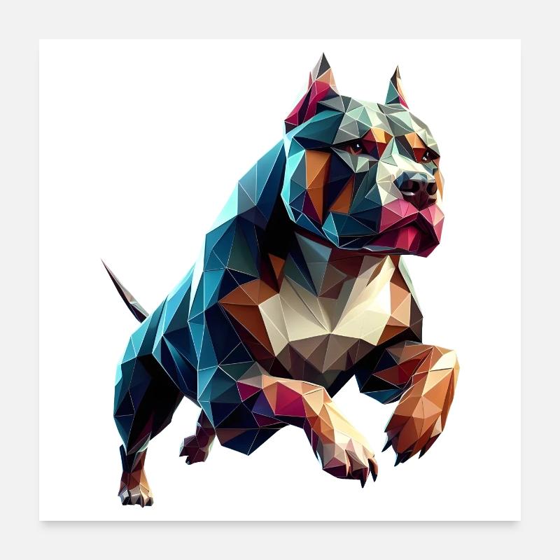 Pitbull Hund läuft Origami Geometrisch 3D - Poster 60x60 cm - Weiß