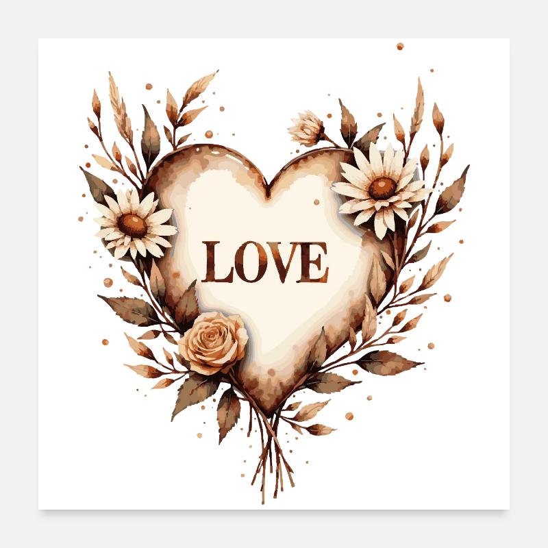 Vintage Herz mit Blumen – Liebevolles Design Poster 60x60 cm
