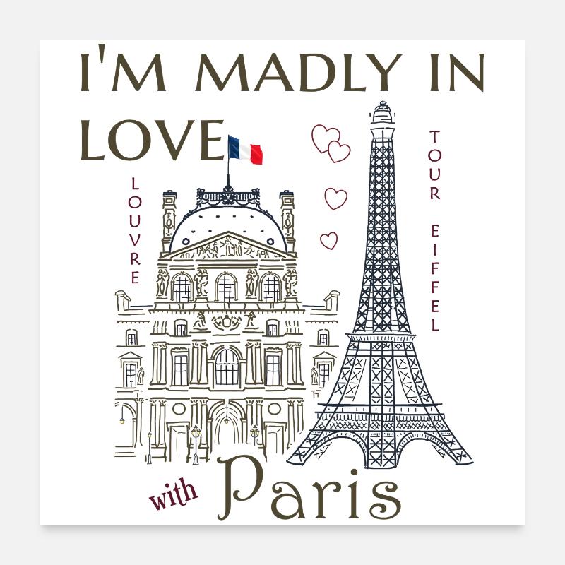 Paris, Louvre et la Tour Eiffel dessinés à la main - Poster 60 x 60 cm - blanc