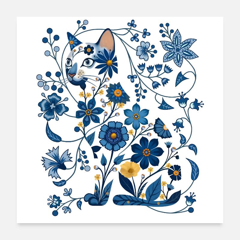 Silhouette de chat floral azur Poster 60 x 60 cm