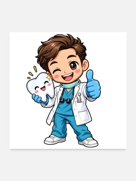 Zahnarzt Kawaii Style – Süßes Dentalmotiv - Poster 60x60 cm - Weiß - Vorne