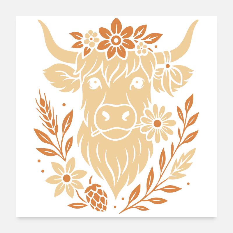 Vache Highland - Boeuf Highland avec fleur Poster 60 x 60 cm